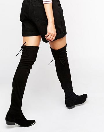 Office Hideout Tipped Stretch Suede Flat Over The Knee Boots - Black