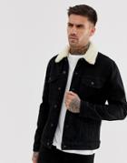 Asos Design Denim Jacket With Detachable Fleece Collar In Black - Black