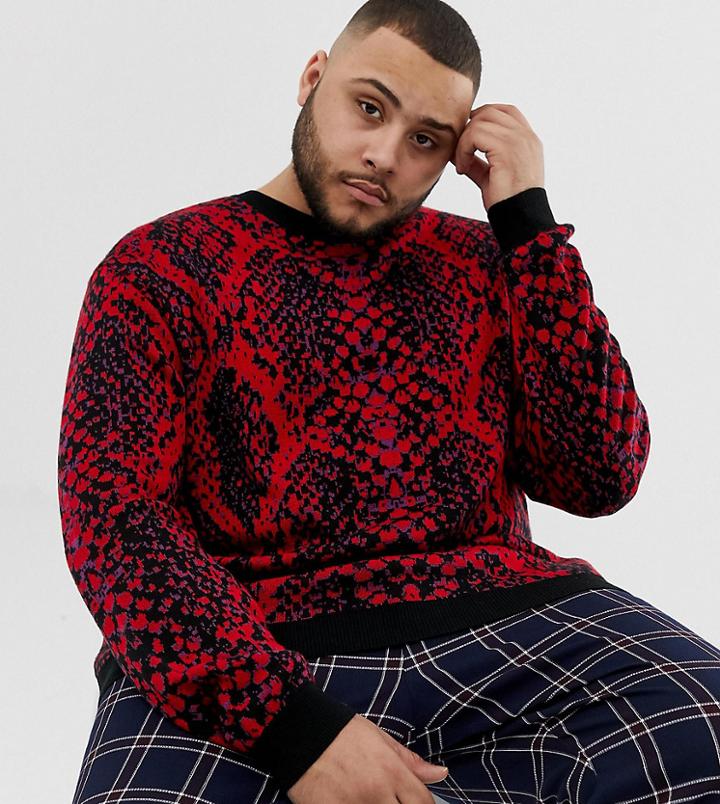 Asos Design Plus Sweater In Neon Snake Print - Pink