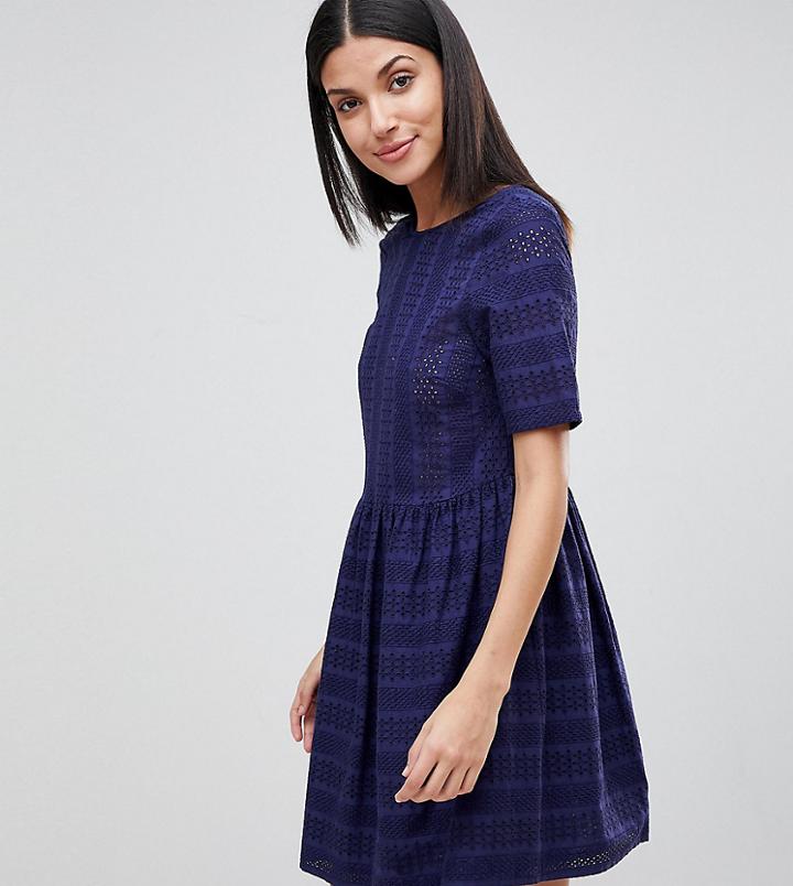Asos Tall Mini Smock Dress In Broderie-navy