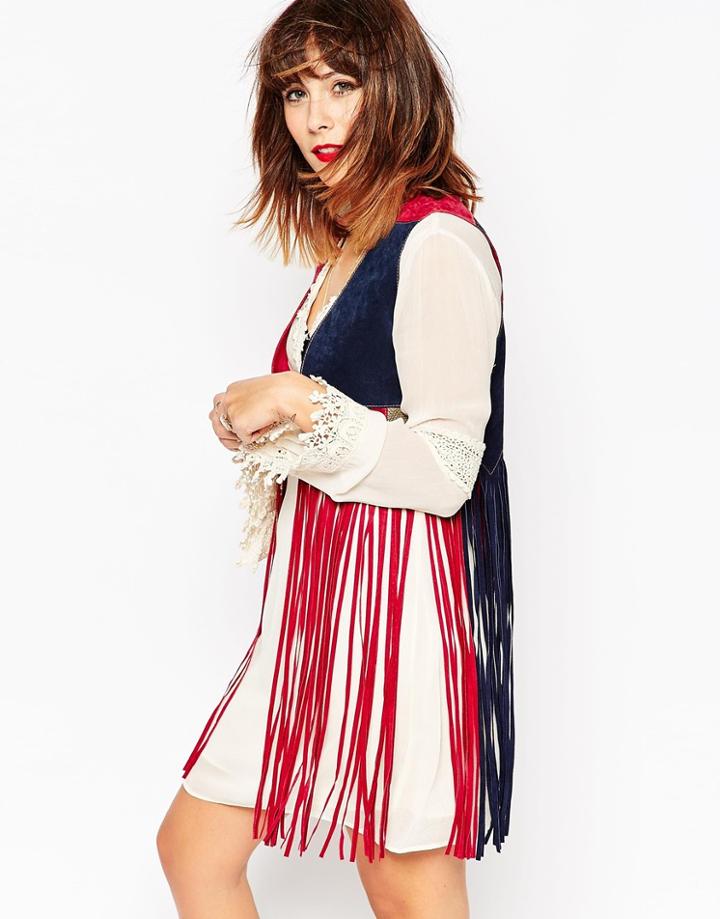 Megan X Asos Tops Suede Fringe Patchwork Vest - Multi