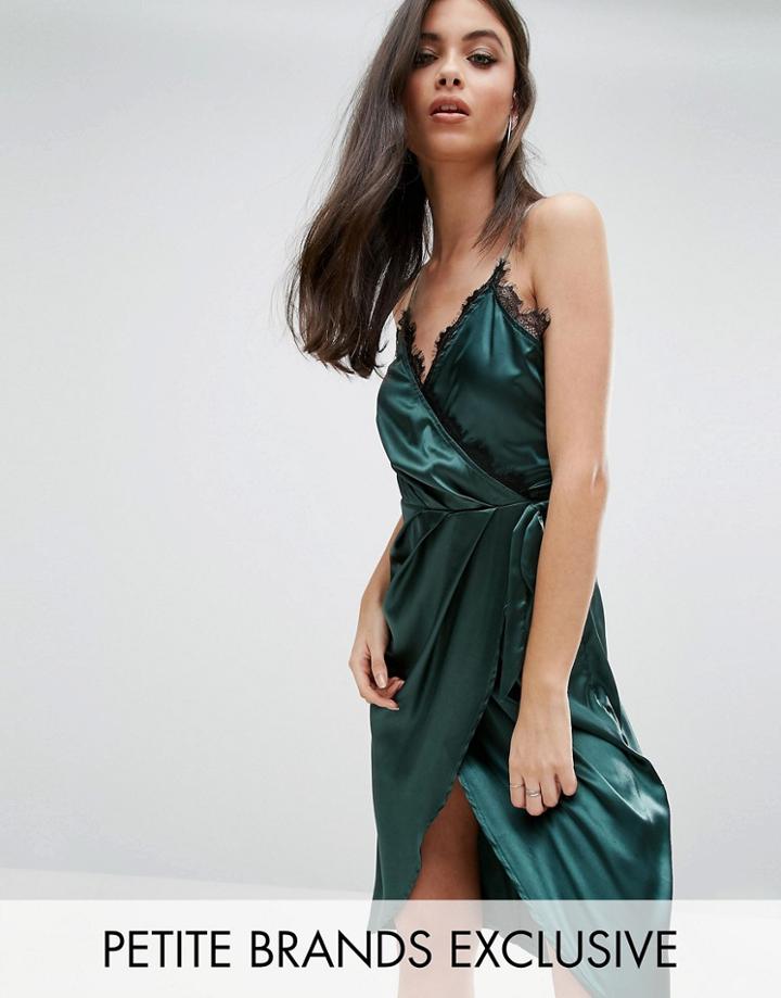 Naanaa Petite Crossover Slinky Asymetric Midi Dress With Lace Trim - G