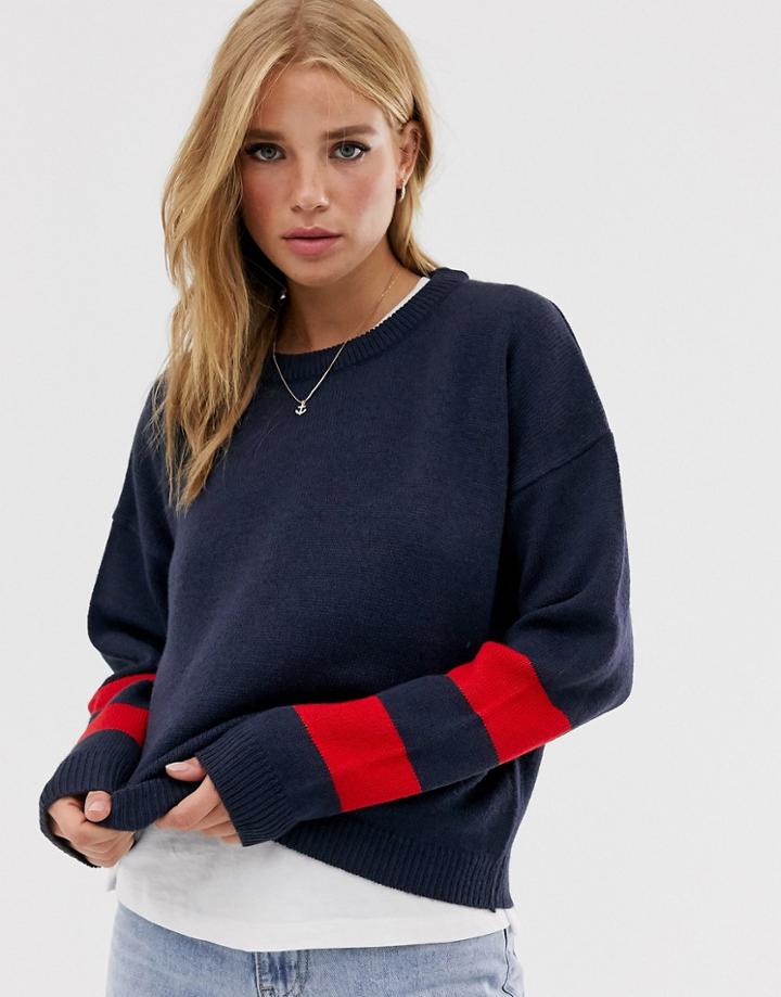 Brave Soul Grunge Round Neck Sweater With Stripe Sleeve-navy