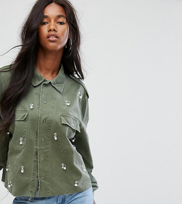 Milk It Vintage Military Shirt With Piercing Trim - Green