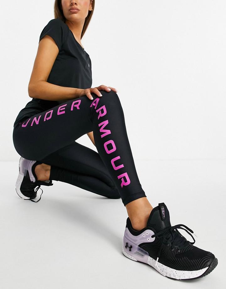 Under Armour Training Heatgear Branded Leggings In Black And Pink