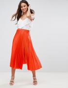Asos Satin Pleated Midi Skirt With Thigh Split - Orange