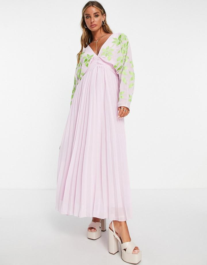 Asos Design Batwing Pleated Maxi Dress With In Lilac With Green Embroidery-multi