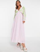 Asos Design Batwing Pleated Maxi Dress With In Lilac With Green Embroidery-multi