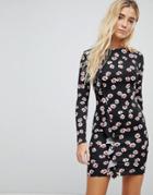 Daisy Street Bodycon Dress With Ruffle Detail In Floral - Black