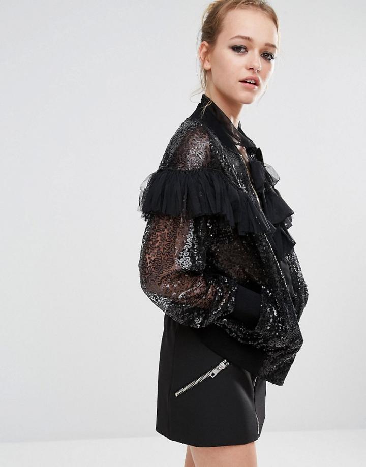 Sister Jane Sequin Ruffle Bomber Jacket - Black