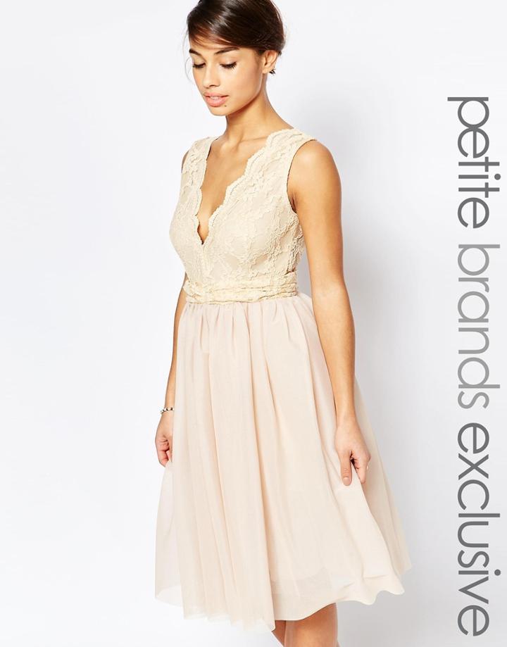 John Zack Petite Plunge Lace Bodice Prom Dress - Cream