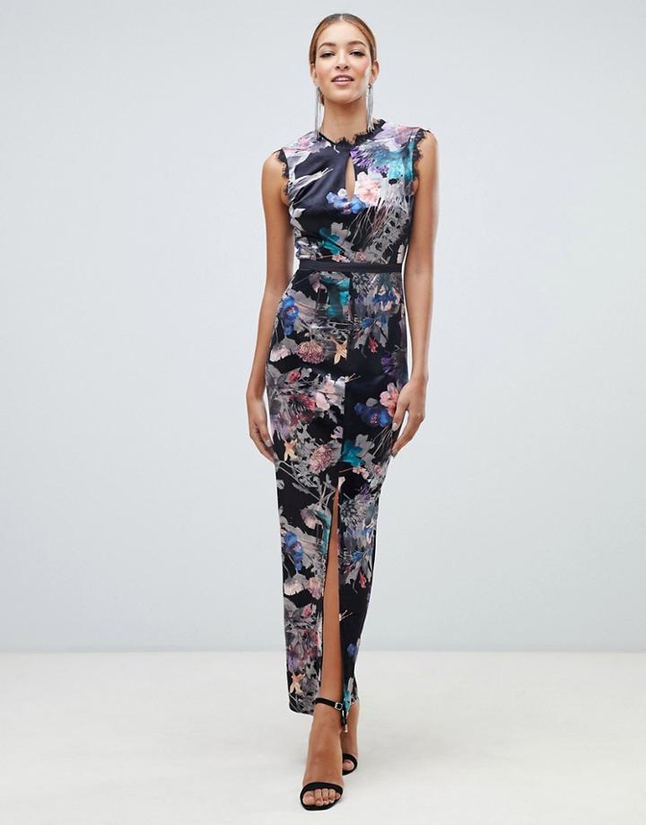 Little Mistress Velvet Lace Trim Maxi Dress In Floral Multi - Multi