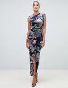 Little Mistress Velvet Lace Trim Maxi Dress In Floral Multi - Multi