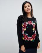 Asos Design Embroidered Floral Wreath Sweater - Black