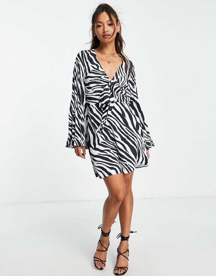 Asos Design Pleated Sleeve Tie Front Mini Dress In Zebra Print-multi