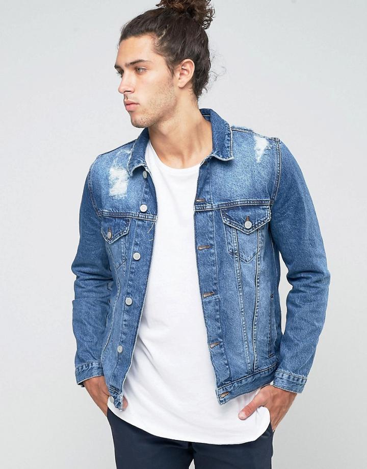 Asos Denim Jacket In Mid Blue With Rips - Blue