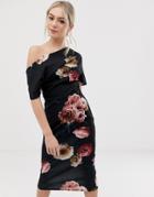 Asos Design Pleated Shoulder Pencil Dress In Smokey Floral - Multi