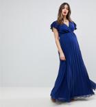 Asos Maternity Pleated Maxi Dress With Flutter Sleeve - Navy