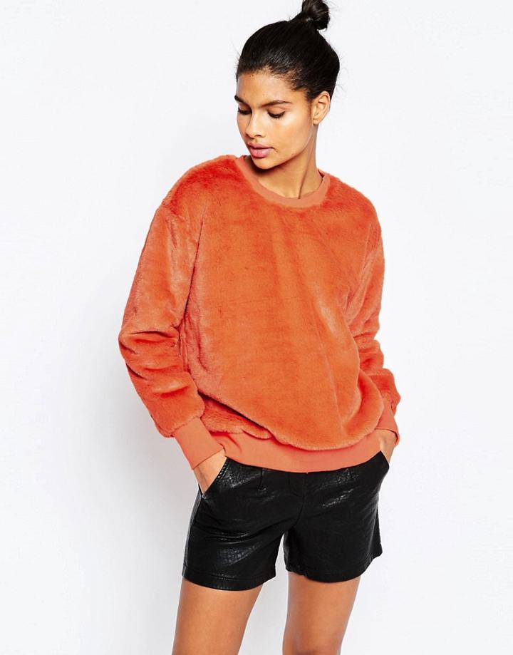 Story Of Lola Fluffy Faux Fur Crew Neck Sweater - Orange