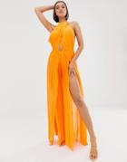 Asos Design Pleated Cross Front Wrap Leg Jumpsuit-orange