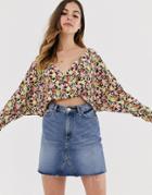Asos Design Wrap Top In Slinky Fabric With Batwing Sleeve In Ditsy - Multi