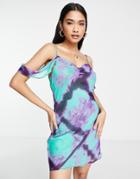 Topshop Off Shoulder Cami Mini Dress In Blue Tie Dye Print-multi