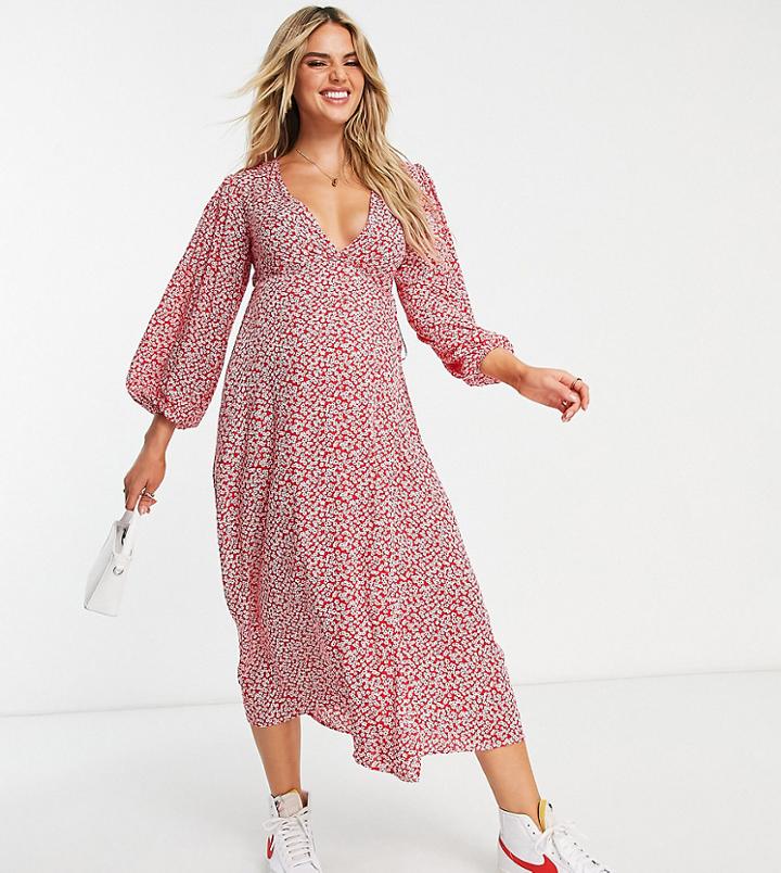 Glamorous Bloom Midi Wrap Dress In Red Ditsy Print