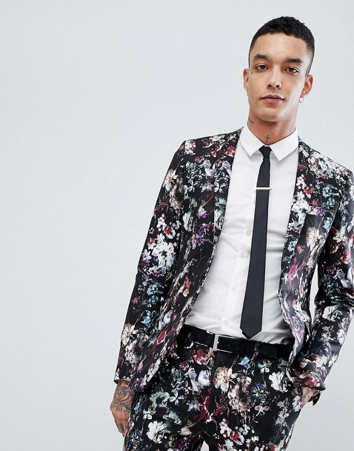 Devil's Advocate Super Skinny Fit Floral Suit Jacket - Black