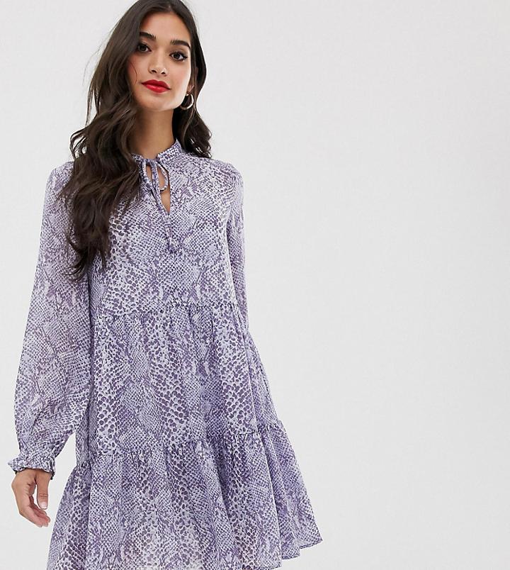 New Look Petite Tiered Smock Dress In Blue Print