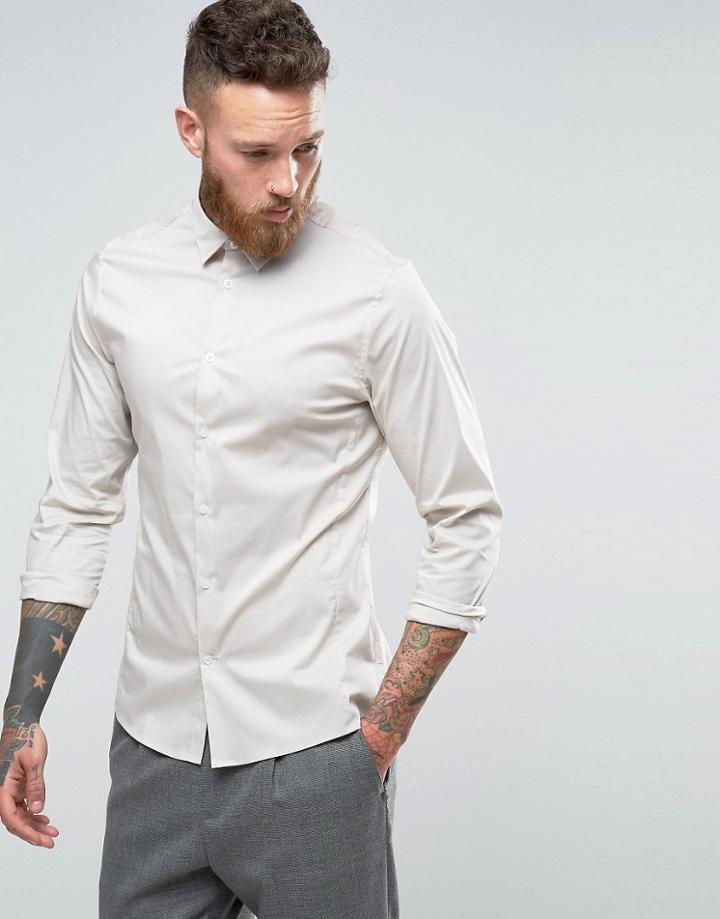 Hoxton Shirt Company Slim Smart Shirt In Stretch Poplin - Stone