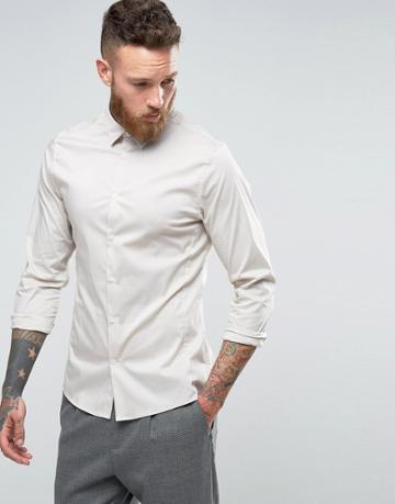 Hoxton Shirt Company Slim Smart Shirt In Stretch Poplin - Stone
