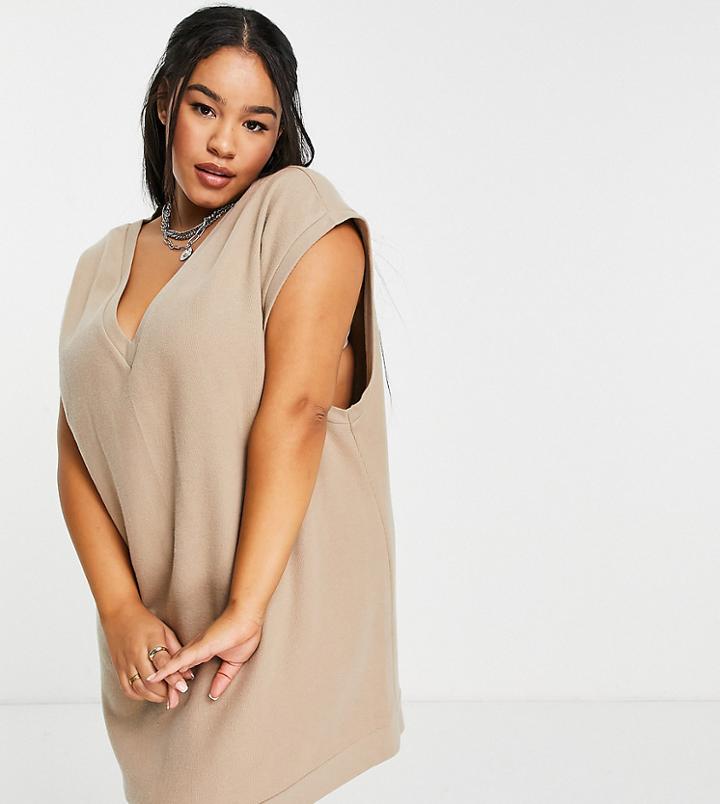 Asos Design Curve Super Soft V Neck Mini Sweater Vest Dress In Camel-neutral