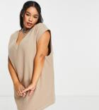 Asos Design Curve Super Soft V Neck Mini Sweater Vest Dress In Camel-neutral