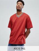 Asos Tall Oversized V Neck T-shirt With Tipping In Red - Multi