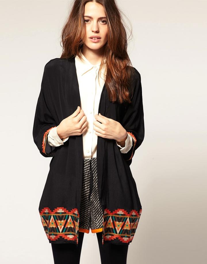 Asos Kimono With Embroidered Border - Black