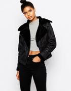 Story Of Lola Boxy Flight Jacket In Faux Fur Suede Shearling - Black