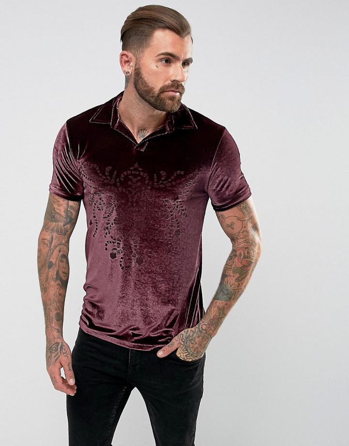 Asos Polo Shirt With Burn Out Design In Velour - Red