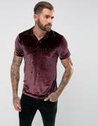 Asos Polo Shirt With Burn Out Design In Velour - Red