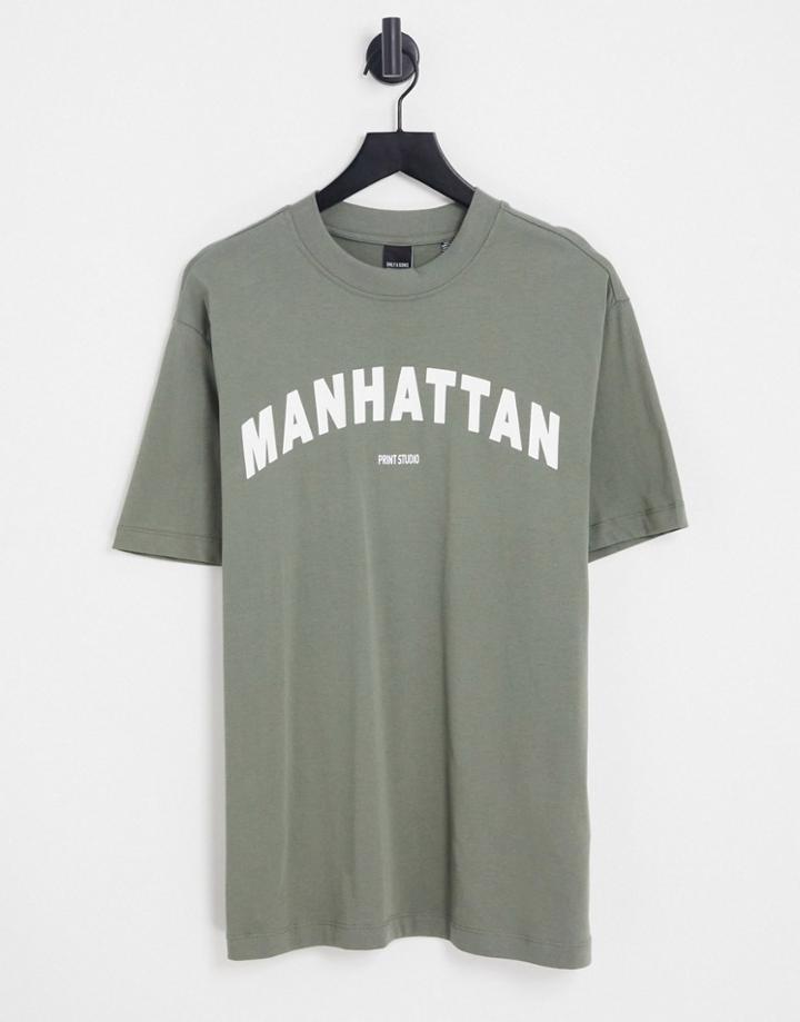 Only & Sons Oversized T-shirt With Manhattan Print In Gray