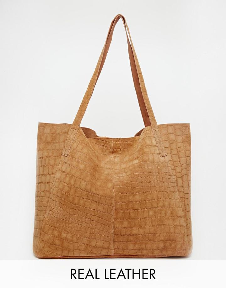 Asos Suede Embossed Croc Shopper Bag - Tan