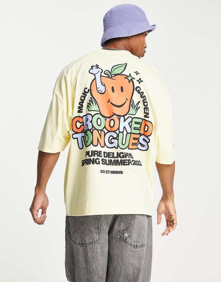 Crooked Tongues Oversized T-shirt With Apple Graphic Print In Yellow