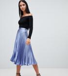 Missguided Hammered Satin Pleated Midi Skirt In Blue - Blue