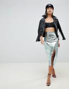 Asos Design Metallic Pu Midi Skirt With Split - Green