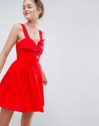 Asos Bow Detail Cut Out Skater Dress In Linen - Red