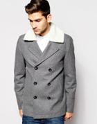 Asos Wool Mix Peacoat With Faux Shearling Collar In Light Gray - Light Gray