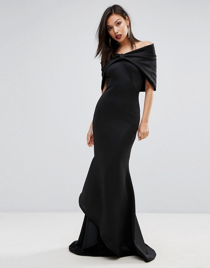 Club L Bardot Bow Detail Scuba Fishtail Red Carpet Dress - Black