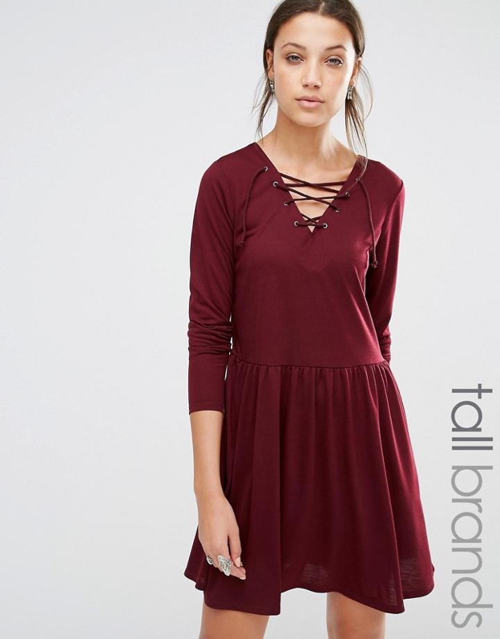 Brave Soul Tall Jersey Skater Dress With Lace Up Front - Red