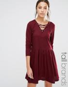Brave Soul Tall Jersey Skater Dress With Lace Up Front - Red