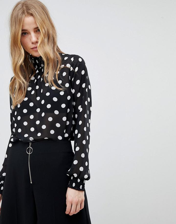 New Look Polka Dot Shirred Blouse - Black
