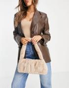 Asos Design Shoulder Bag In Stone Faux Fur With Ruching-neutral